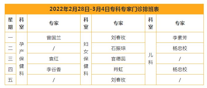 2.27 【专科专家门诊】2022年2月28日-3月4日专家专科门诊排班表.png